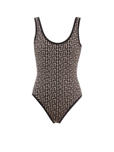 Balmain Body In Black And Ivory Bicolor Jacquard With Monogram In Ivoire Noir