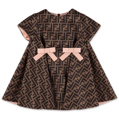 Fendi Babies'  Bow Detail Ff Motif Dress In Brown Pink