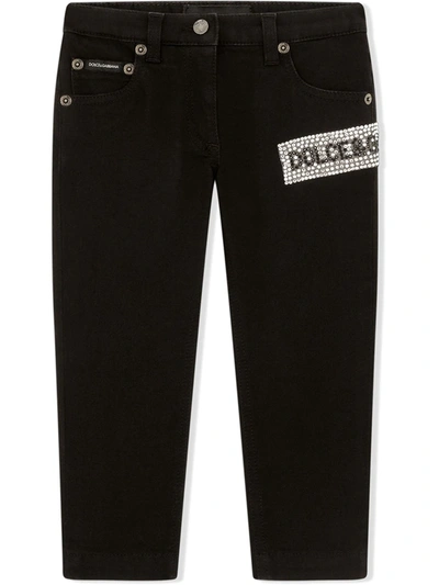 Dolce & Gabbana Kids' Embellished Logo Denim Cotton Jeans In Black