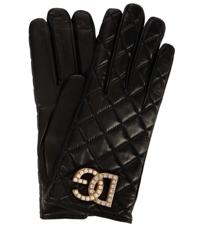 Dolce & Gabbana Logo Cashmere Lined Quilted Leather Gloves In Nerooro Chiaro