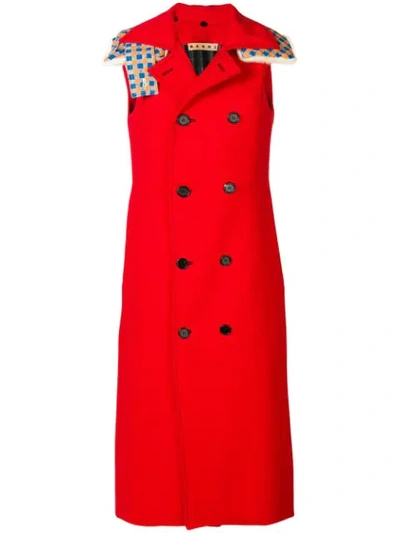 Marni Hooded Sleeveless Double Breasted Coat In Red