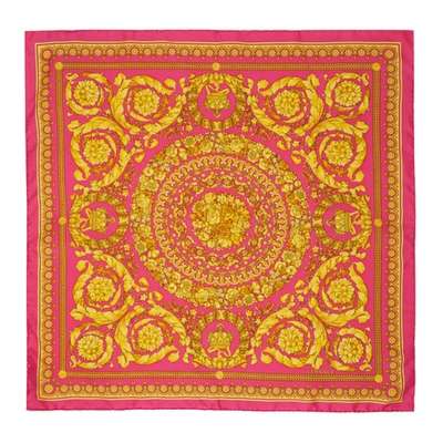 Versace Barocco '91 Tribute Print Silk Scarf In Fuxia+gold