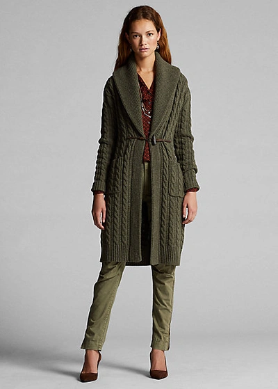 Double Rl Cable-knit Wool-cashmere Sweater Coat In Olive Heather