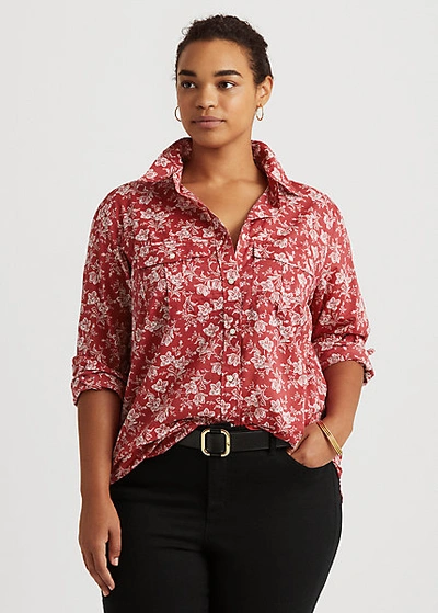 Lauren Woman Floral Cotton Dobby Shirt In Bright Clay/ Cream