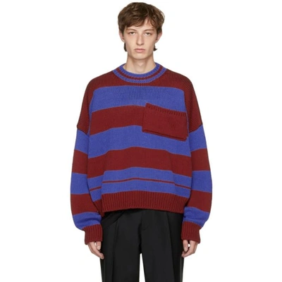 Raf Simons Red Blue Disturbed Striped Sweater ModeSens