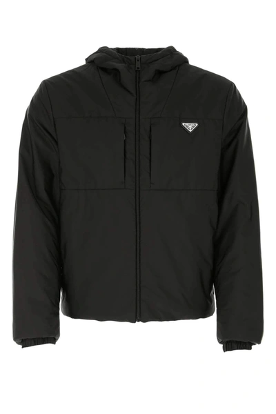 Prada Logo Plaque Hooded Jacket In Black