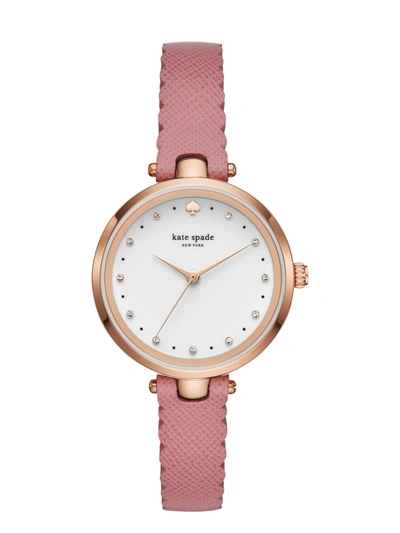 Kate Spade Holland Scallop Pink Leather Watch In Rose Gold/dusty Peony