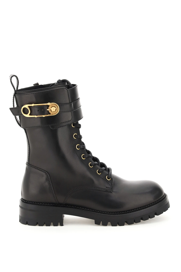 Versace Combat Boots With Medusa Safety Pin In Black | ModeSens