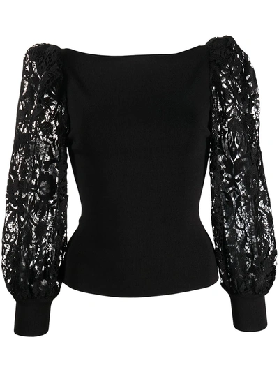 Alice And Olivia Abella Lace Puff Sleeve Sweater In Black