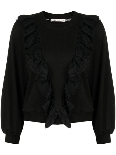 Alice And Olivia Carrie Long-sleeved Ruffle-trimmed Sweatshirt In Black