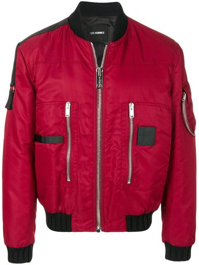 Les Hommes Puffy Pilot Bomber Jacket In Maroon