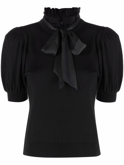 Alice And Olivia Chase Ruffle Tie Neck Stretch Wool Sweater In Black
