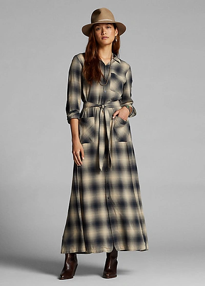 Double Rl Ombré Plaid Belted Shirtdress In Rl-474 Grey/cream