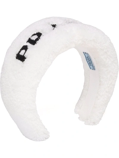 Prada Embroidered-logo Textured-finish Headband In White/black