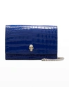 Alexander Mcqueen Mini Skull Croc Embossed Leather Shoulder Bag In 4335 Deep Lapis