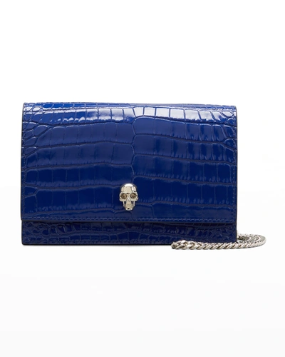 Alexander Mcqueen Mini Skull Croc Embossed Leather Shoulder Bag In 4335 Deep Lapis