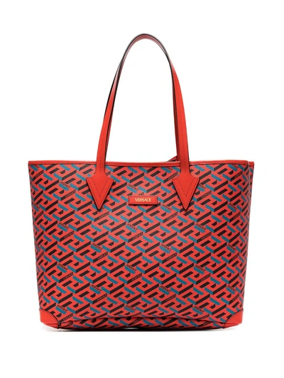 Versace Greca Print Jacquard Tote Bag In Orange/blue | ModeSens