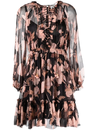 Zimmermann Concert Lace-up Floral-print Silk-crepon Mini Dress In Black