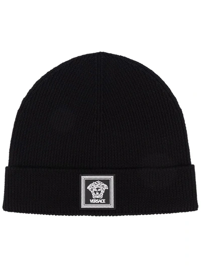 Versace Logo Virgin Wool Knit Beanie In Black