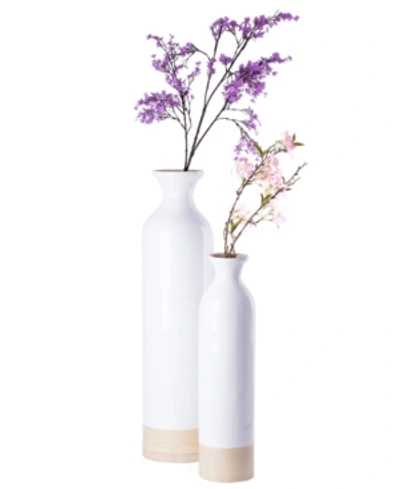 Uniquewise Cylinder Shaped Tall Spun Bamboo Floor Vase Glossy Lacquer Bamboo, Set Of 2 In White