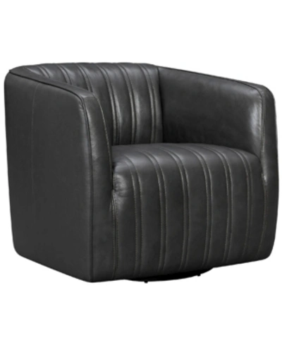 Armen Living Aries Genuine Leather Swivel Barrel Chair In Pewter
