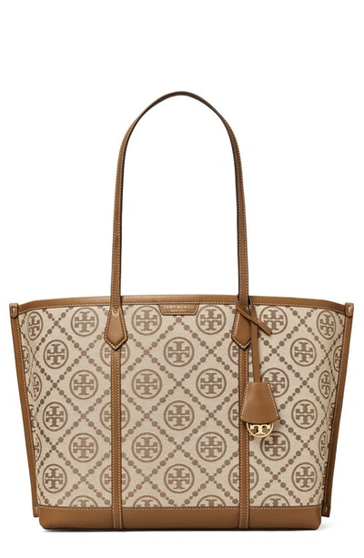 Tory Burch Perry T Monogram Jacquard Triple-compartment Tote In Hazelnut
