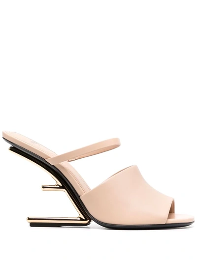 Fendi 95mm Leather Metallic-heel Slide Sandals In Beige