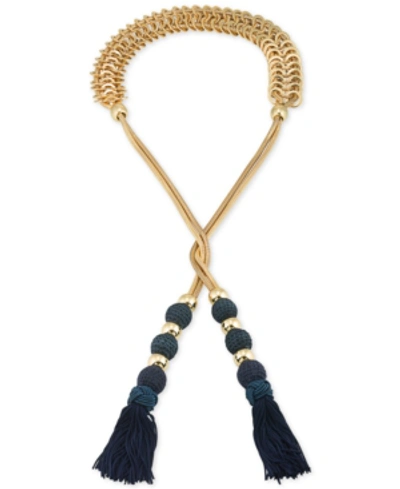 Trina Turk Gold-tone Navy Tassel Open Lariat Necklace In Gold/navy