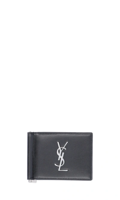 Saint Laurent Leather Money Clip Bifold Card Case In Noir