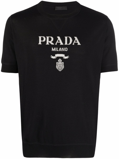 Prada Logo嵌花短袖针织上衣 In Black