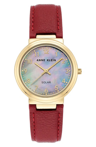 Anne Klein Solar Powered Leather Strap Watch, 34mm In Red