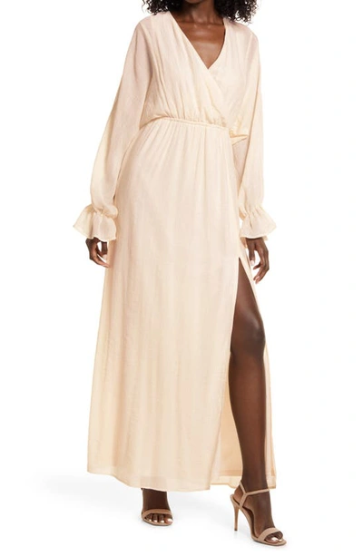 Lulus Heart's Whim Long Sleeve Faux Wrap Dress In Peach Cream | ModeSens