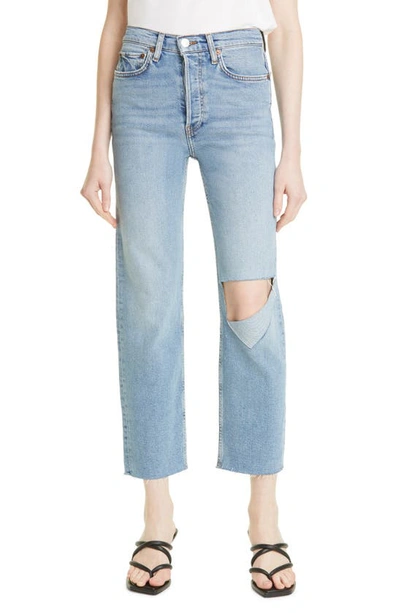 Re/done Originals High Waist Stovepipe Jeans In Brisk Blue With Rips