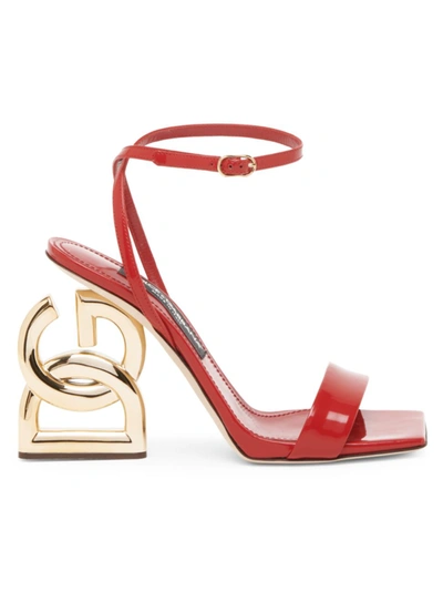 Dolce & Gabbana Patent Leather Logo-heel Ankle-strap Sandals In Fuchsia