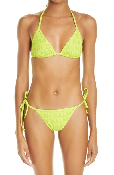 Balmain Logo Embossed Two-piece Swimsuit In Green