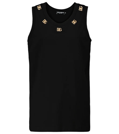 Dolce & Gabbana Crystal Logo Oversize Cotton Tank In Black