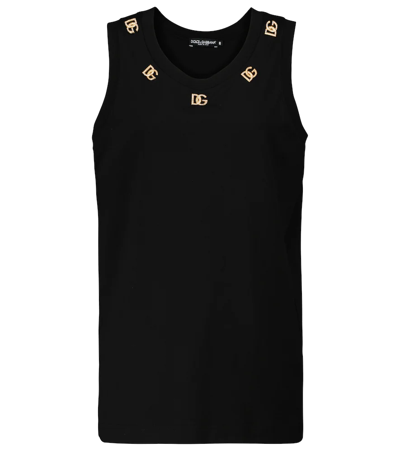 Dolce & Gabbana Crystal Logo Oversize Cotton Tank In Nero