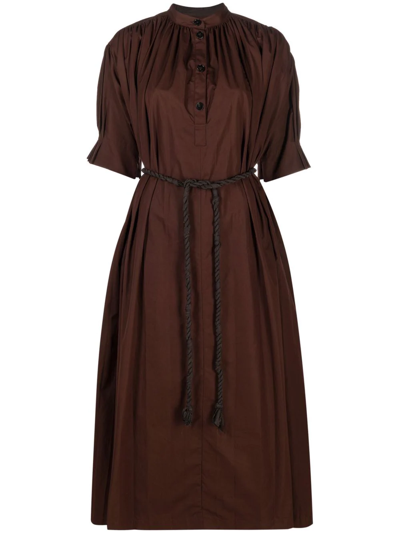 Jil Sander Button-front Pleated Puff-sleeve Long Dress In Brown
