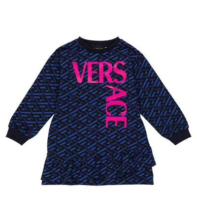 Versace Kids' La Greca Monogram Logo Stretch Cotton Sweatshirt Dress In Multicoloured