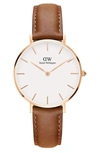 Daniel Wellington Classic Petite Leather Strap Watch, 32mm In Light Brown/ White/ Rose Gold
