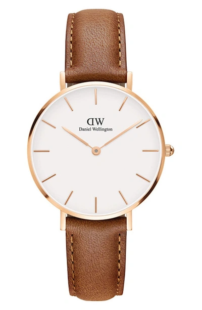 Daniel Wellington Classic Petite Leather Strap Watch, 32mm In Light Brown/ White/ Rose Gold