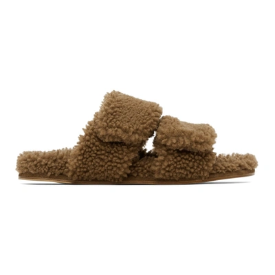 Dries Van Noten Beige Shearling Platform Slide Sandals In Camel