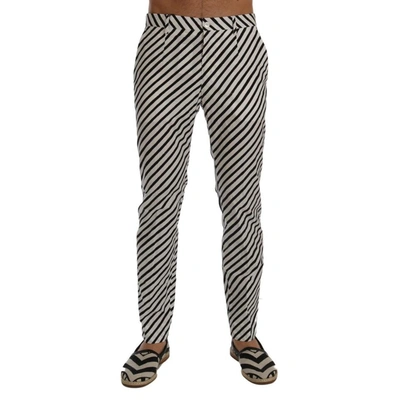 Dolce & Gabbana White Black Striped Cotton Slim Fit Pants In Black/white