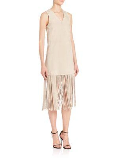 Theperfext Lucy Suede Fringe-hem Dress In Oatmeal