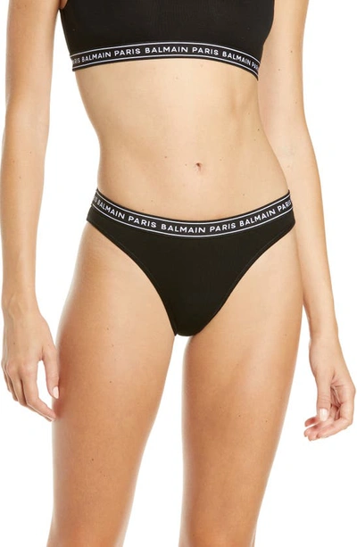 Balmain Logo Waist Cotton Panties In Black