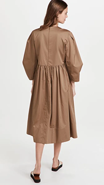 Tibi Poplin V Neck Pleat Sleeve Dress In Hazelnut