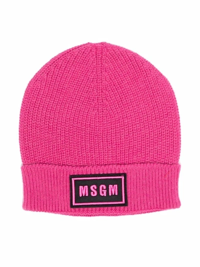 Msgm Kids' Logo-embroidered Knitted Beanie In Pink