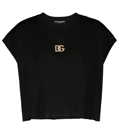 Dolce & Gabbana Cropped Jersey T-shirt With Crystal Dg Embellishment In Black