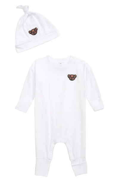 Burberry Kids' Thomas Bear Appliqué Stretch Organic Cotton Romper & Hat Set In White