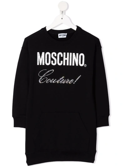 Moschino Kids' Embellished Logo Cotton Sweatshirt Dress In Black